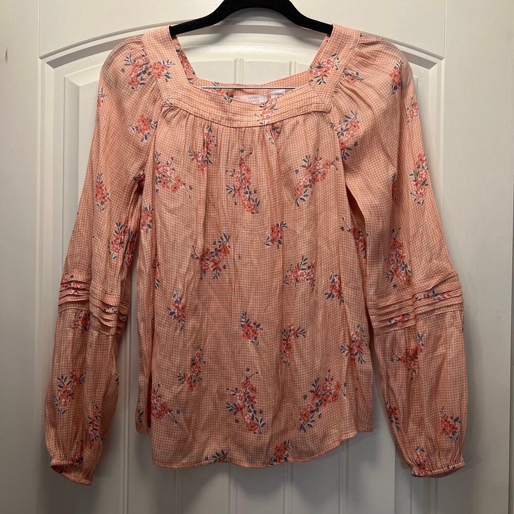 Lauren Conrad Women’s Floral Check Square Neck Peasant Top Blouse Size‎ S Pink